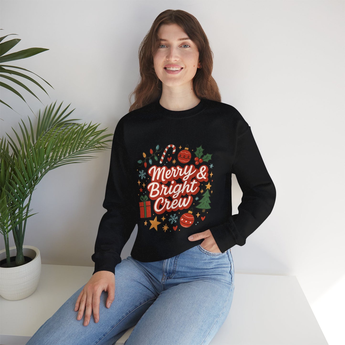 Merry & Bright Crew Sweatshirt | Christmas Crewneck | Matching Holiday Shirt | Family Christmas Sweater | Retro Festive Graphic Tee