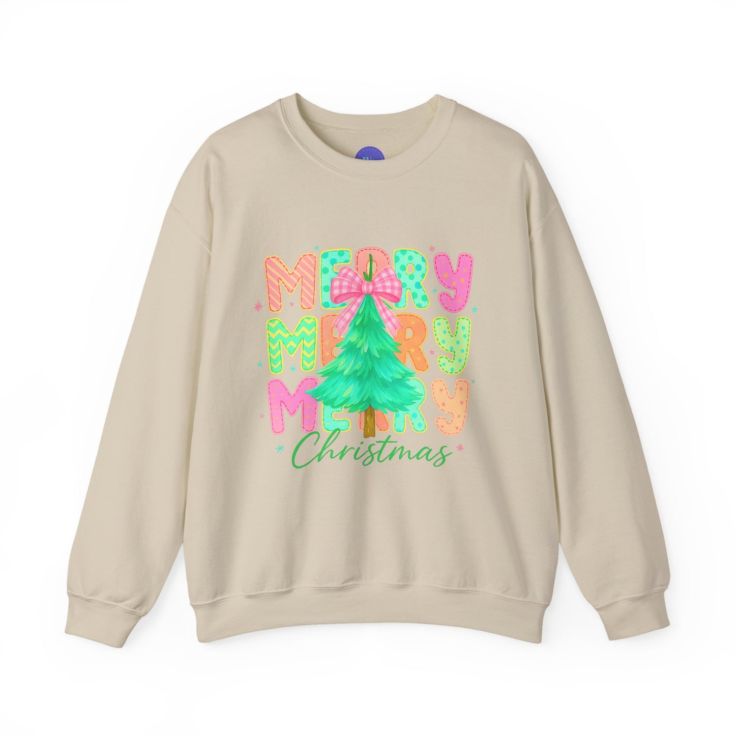 Colorful Merry Merry Merry Christmas Sweatshirt | Candy Bright Holiday Crewneck | Pink Bow Tree Shirt | Fun Festive Christmas Gift