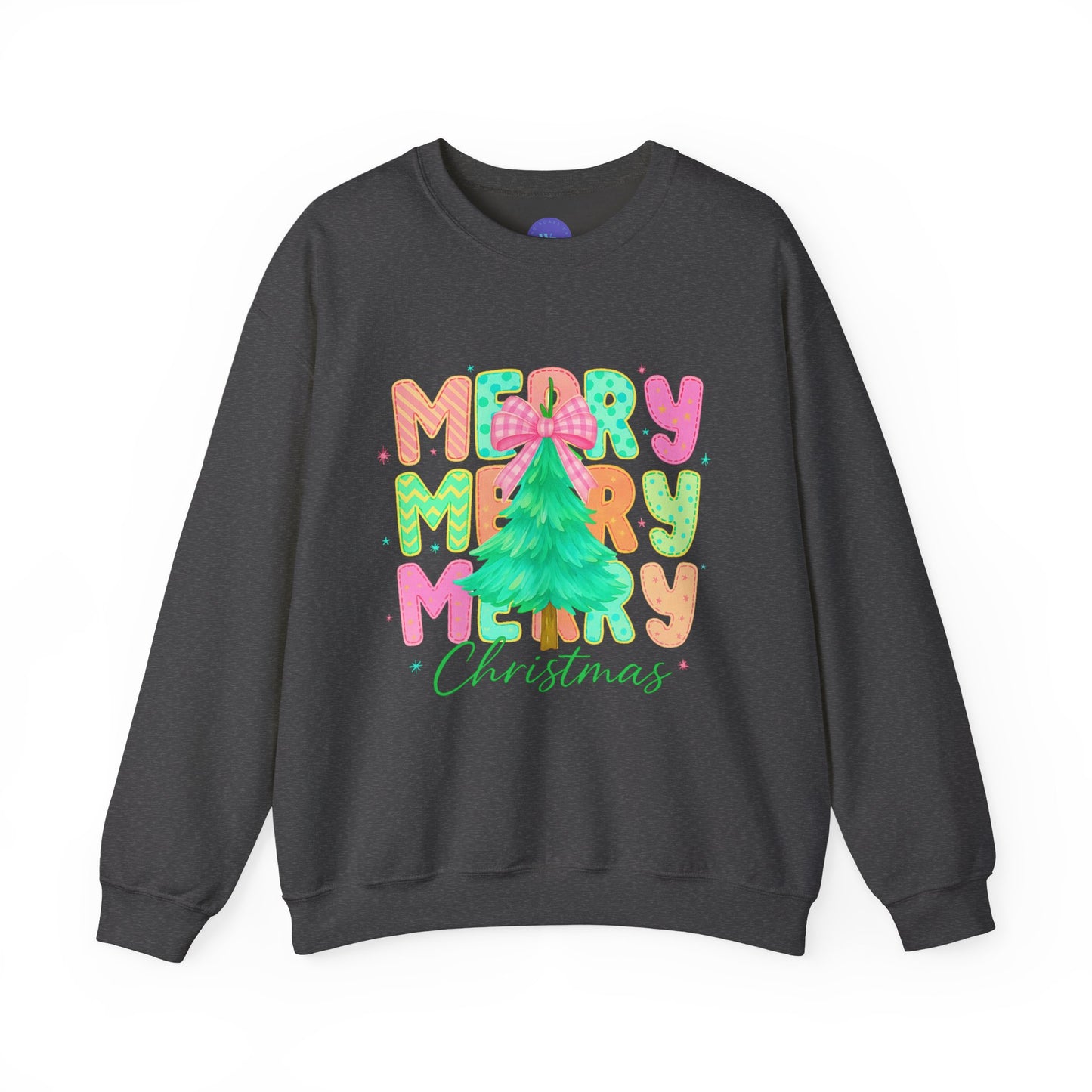 Colorful Merry Merry Merry Christmas Sweatshirt | Candy Bright Holiday Crewneck | Pink Bow Tree Shirt | Fun Festive Christmas Gift