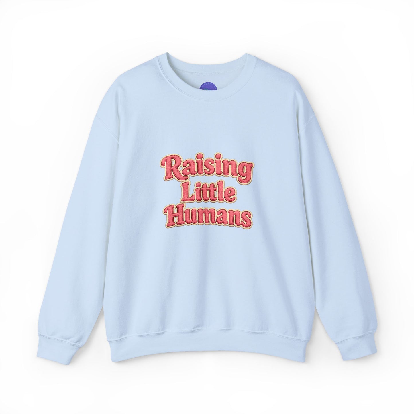 Raising Little Humans Sweatshirt | Faux Embroidered Mom Crewneck | Cozy Parent Sweatshirt | Gildan 18000 | Embroidery Look