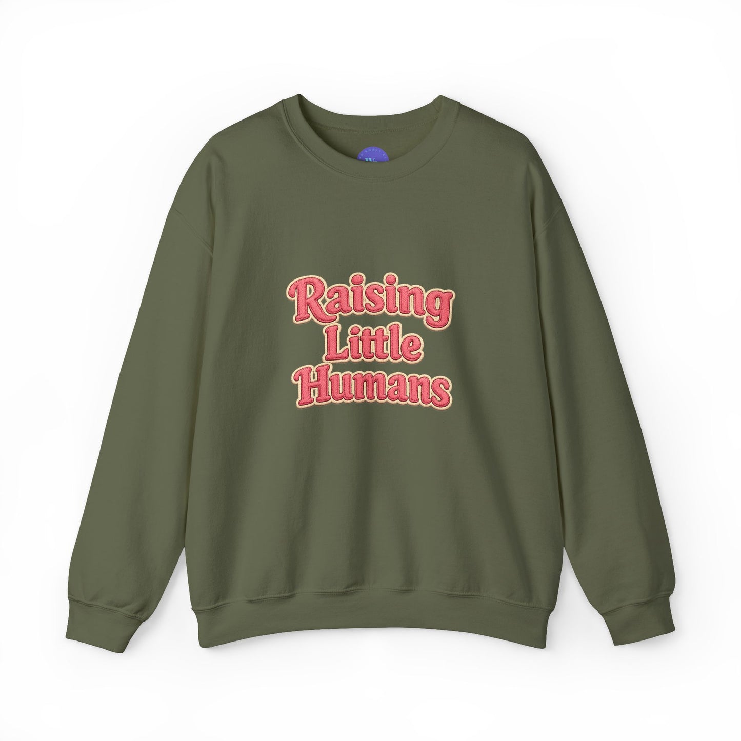 Raising Little Humans Sweatshirt | Faux Embroidered Mom Crewneck | Cozy Parent Sweatshirt | Gildan 18000 | Embroidery Look