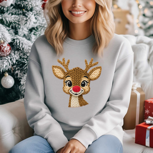 Reindeer Crewneck Sweatshirt, Faux Crochet Design for Christmas Fun, Holiday Parties, Unisex Pullover Jumper, Winter Sweater, Festive Top