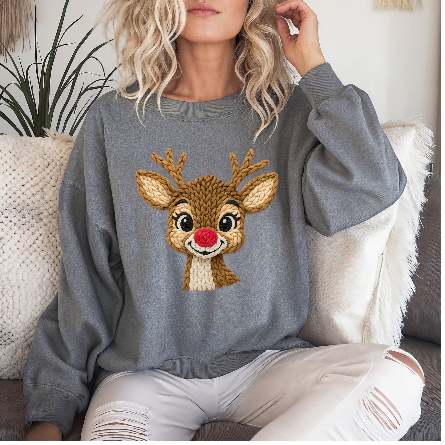 Reindeer Crewneck Sweatshirt, Faux Crochet Design for Christmas Fun, Holiday Parties, Unisex Pullover Jumper, Winter Sweater, Festive Top