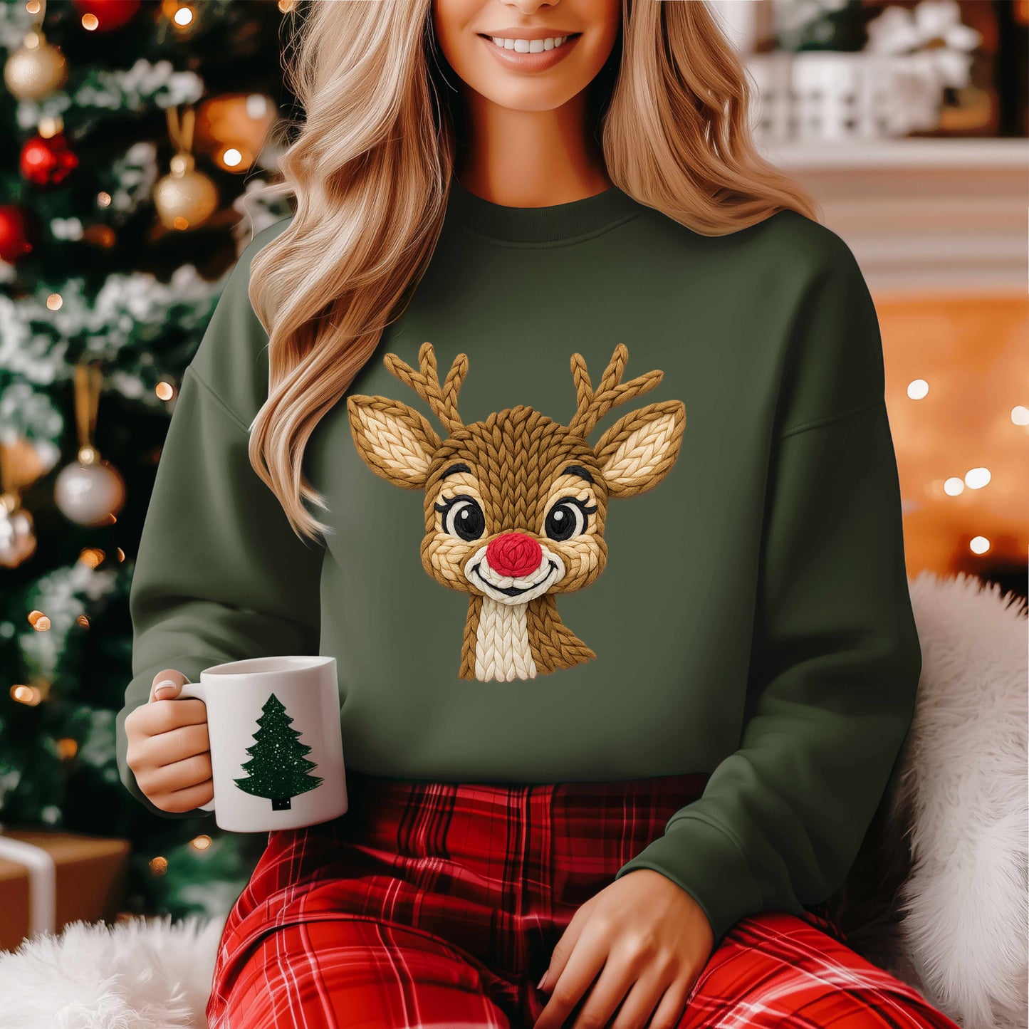 Reindeer Crewneck Sweatshirt, Faux Crochet Design for Christmas Fun, Holiday Parties, Unisex Pullover Jumper, Winter Sweater, Festive Top