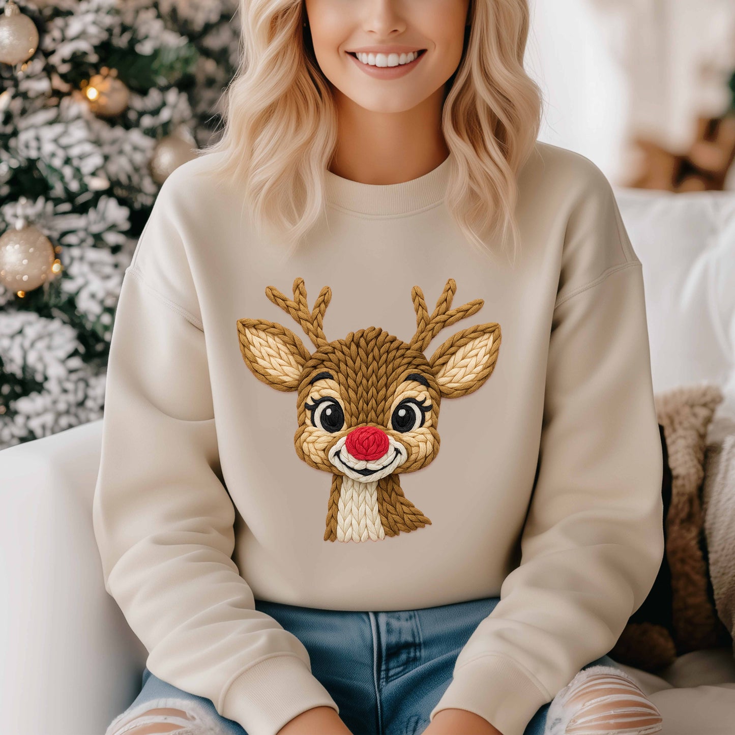 Reindeer Crewneck Sweatshirt, Faux Crochet Design for Christmas Fun, Holiday Parties, Unisex Pullover Jumper, Winter Sweater, Festive Top
