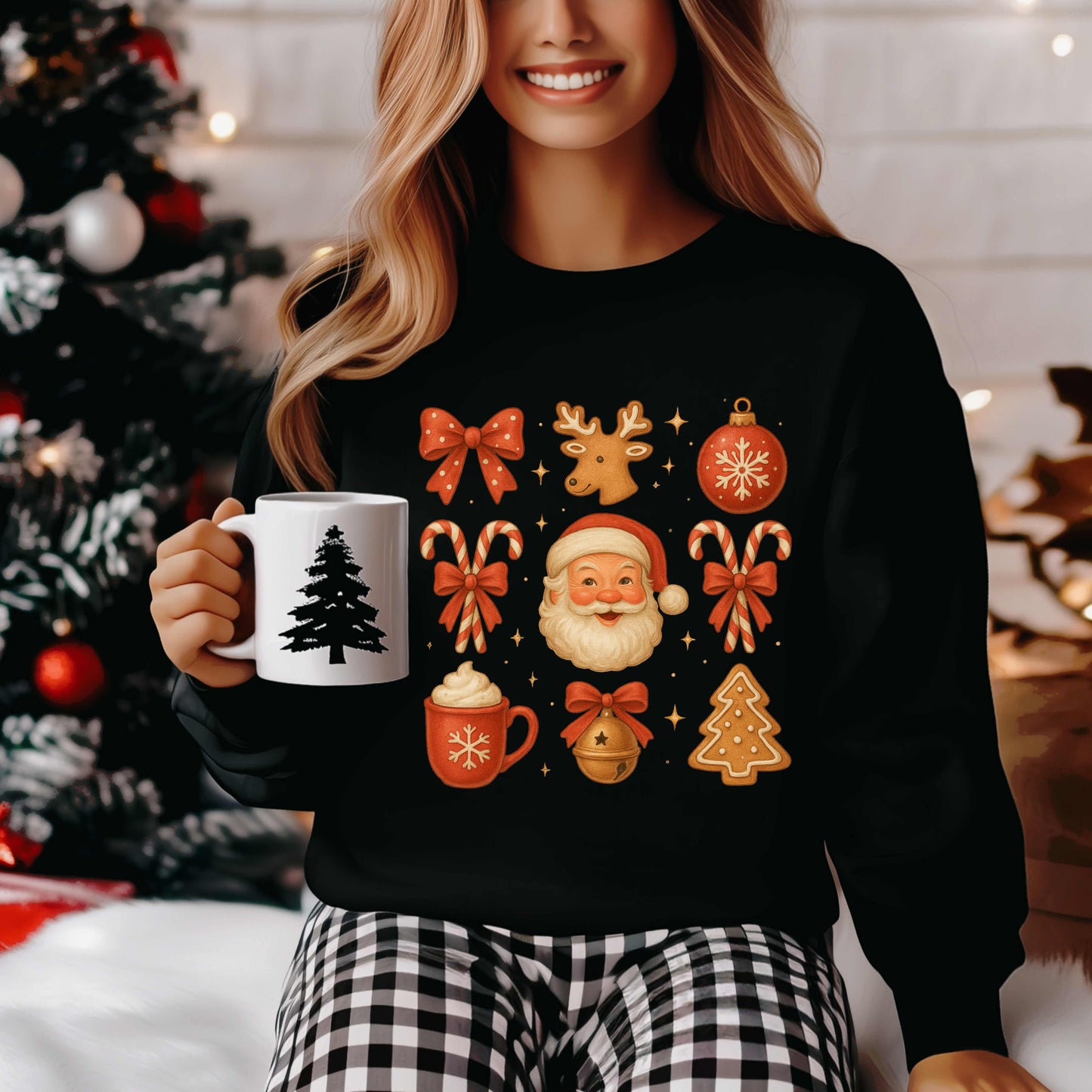 Vintage Santa Christmas Crewneck Sweatshirt for Women | Retro Holiday Cocoa Mug Gingerbread Candy Cane Sweatshirt | Cozy Xmas Gift