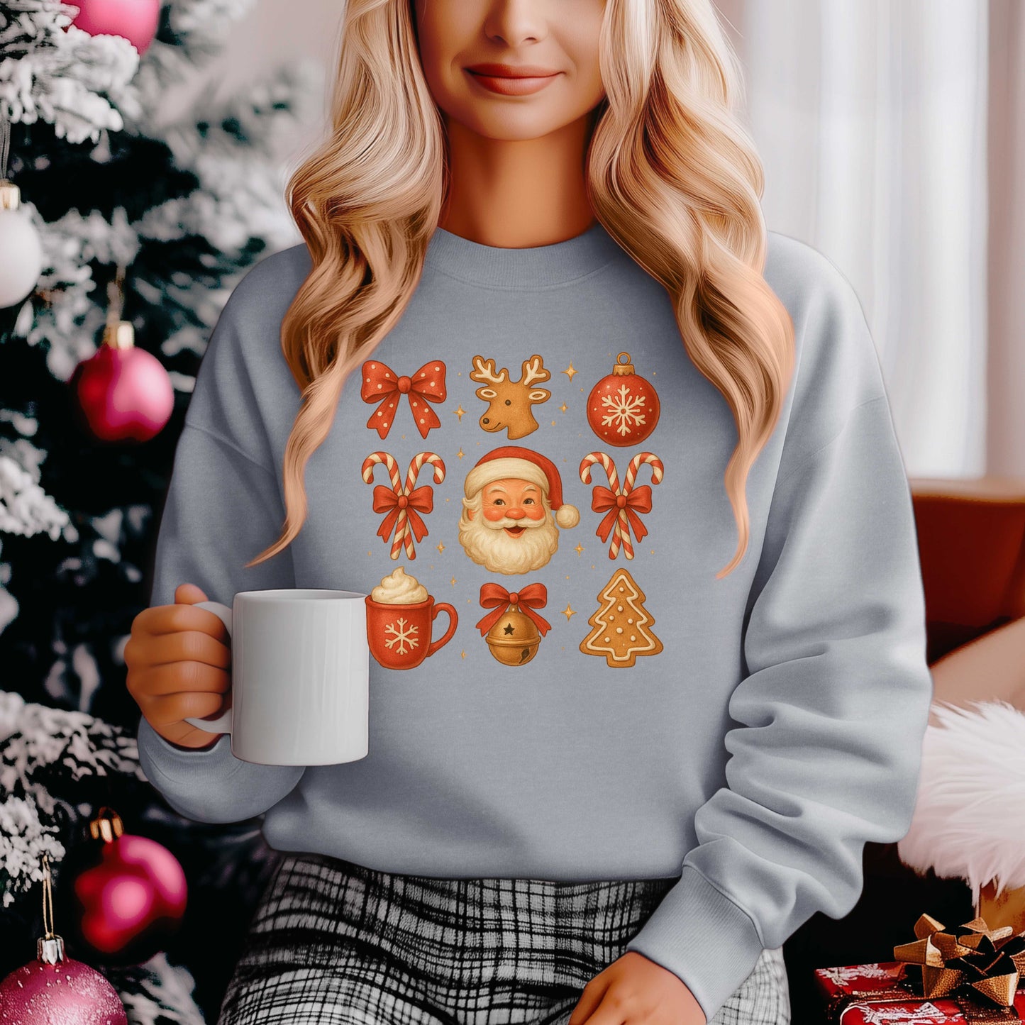 Vintage Santa Christmas Crewneck Sweatshirt for Women | Retro Holiday Cocoa Mug Gingerbread Candy Cane Sweatshirt | Cozy Xmas Gift