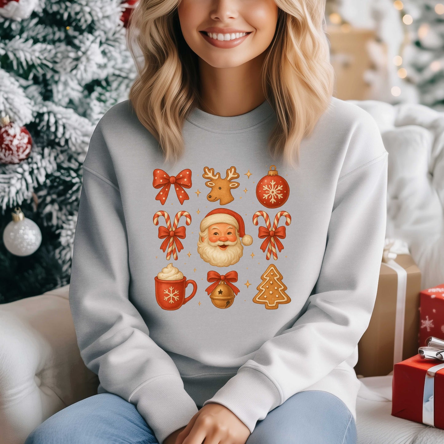 Vintage Santa Christmas Crewneck Sweatshirt for Women | Retro Holiday Cocoa Mug Gingerbread Candy Cane Sweatshirt | Cozy Xmas Gift