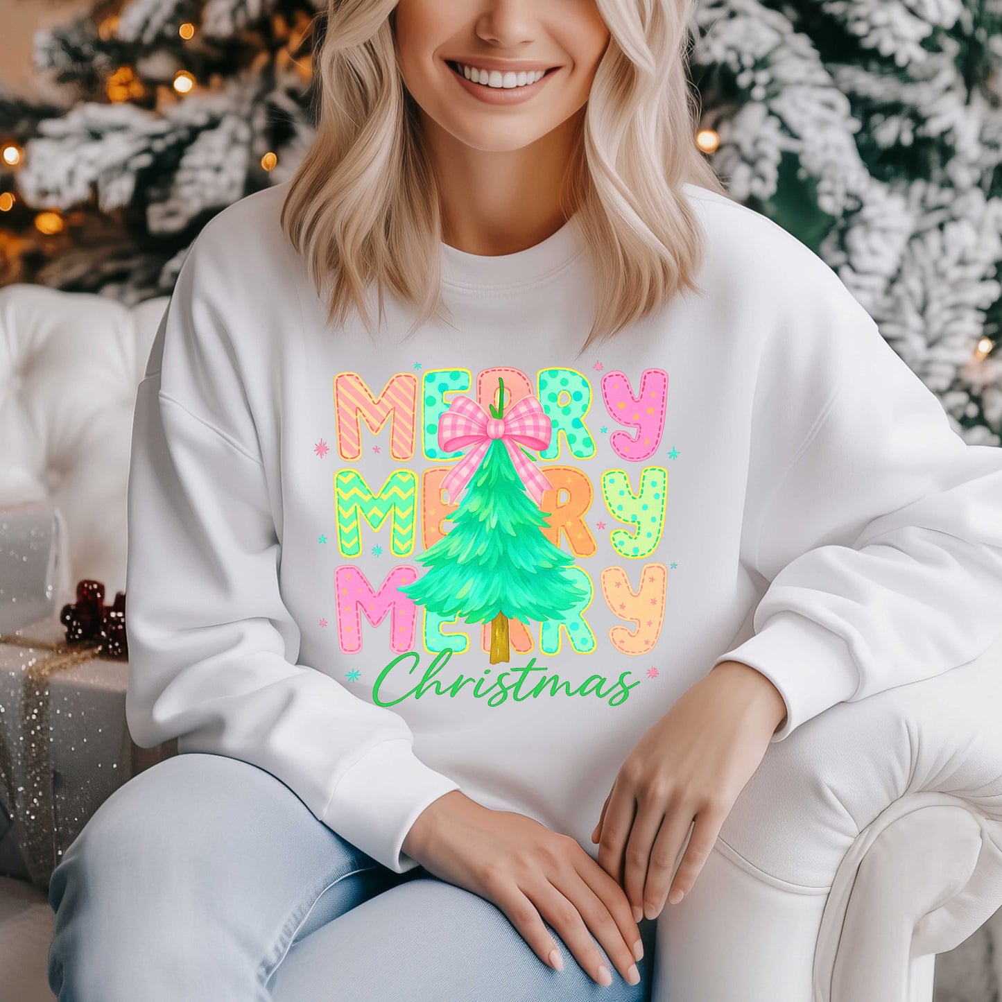 Colorful Merry Merry Merry Christmas Sweatshirt | Candy Bright Holiday Crewneck | Pink Bow Tree Shirt | Fun Festive Christmas Gift