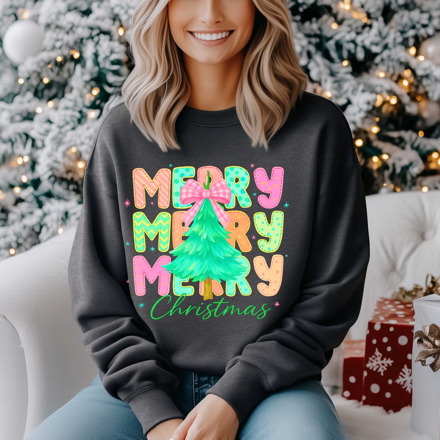 Colorful Merry Merry Merry Christmas Sweatshirt | Candy Bright Holiday Crewneck | Pink Bow Tree Shirt | Fun Festive Christmas Gift