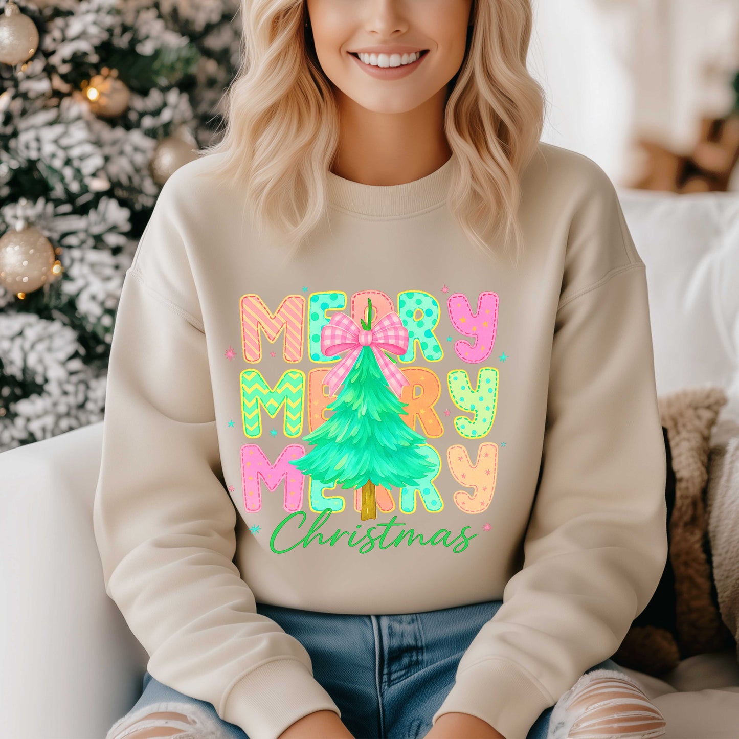 Colorful Merry Merry Merry Christmas Sweatshirt | Candy Bright Holiday Crewneck | Pink Bow Tree Shirt | Fun Festive Christmas Gift