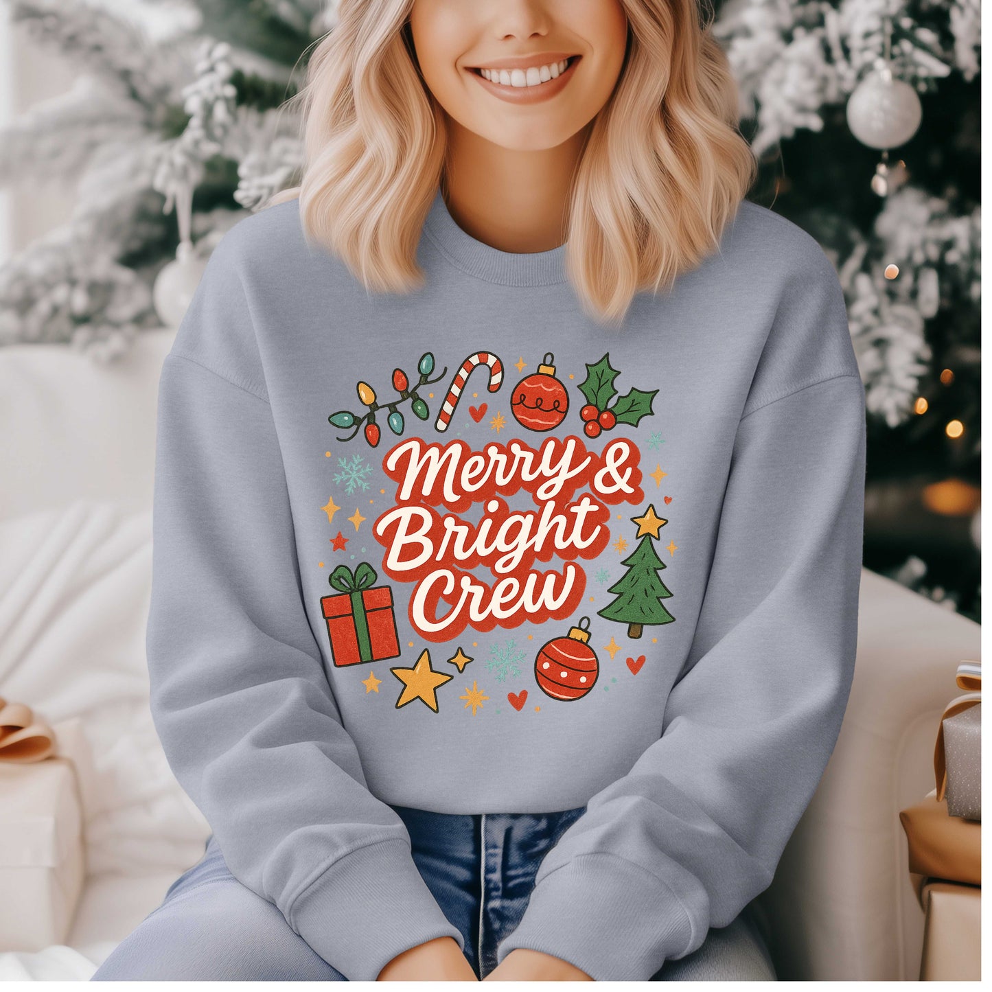 Merry & Bright Crew Sweatshirt | Christmas Crewneck | Matching Holiday Shirt | Family Christmas Sweater | Retro Festive Graphic Tee
