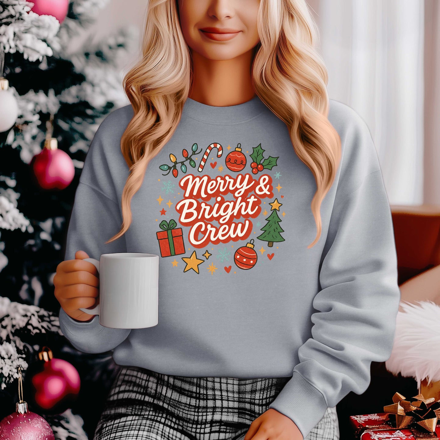 Merry & Bright Crew Sweatshirt | Christmas Crewneck | Matching Holiday Shirt | Family Christmas Sweater | Retro Festive Graphic Tee