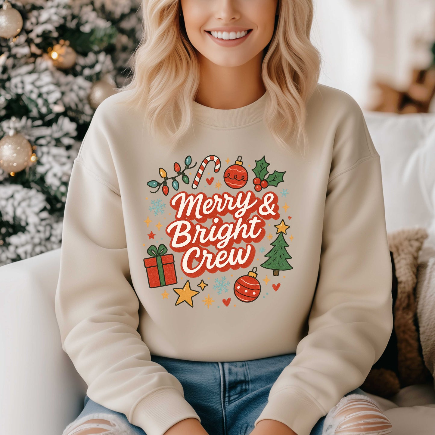 Merry & Bright Crew Sweatshirt | Christmas Crewneck | Matching Holiday Shirt | Family Christmas Sweater | Retro Festive Graphic Tee