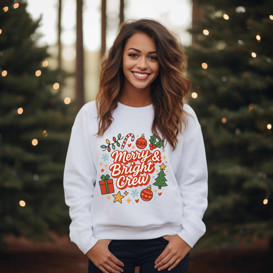 Merry & Bright Crew Sweatshirt | Christmas Crewneck | Matching Holiday Shirt | Family Christmas Sweater | Retro Festive Graphic Tee