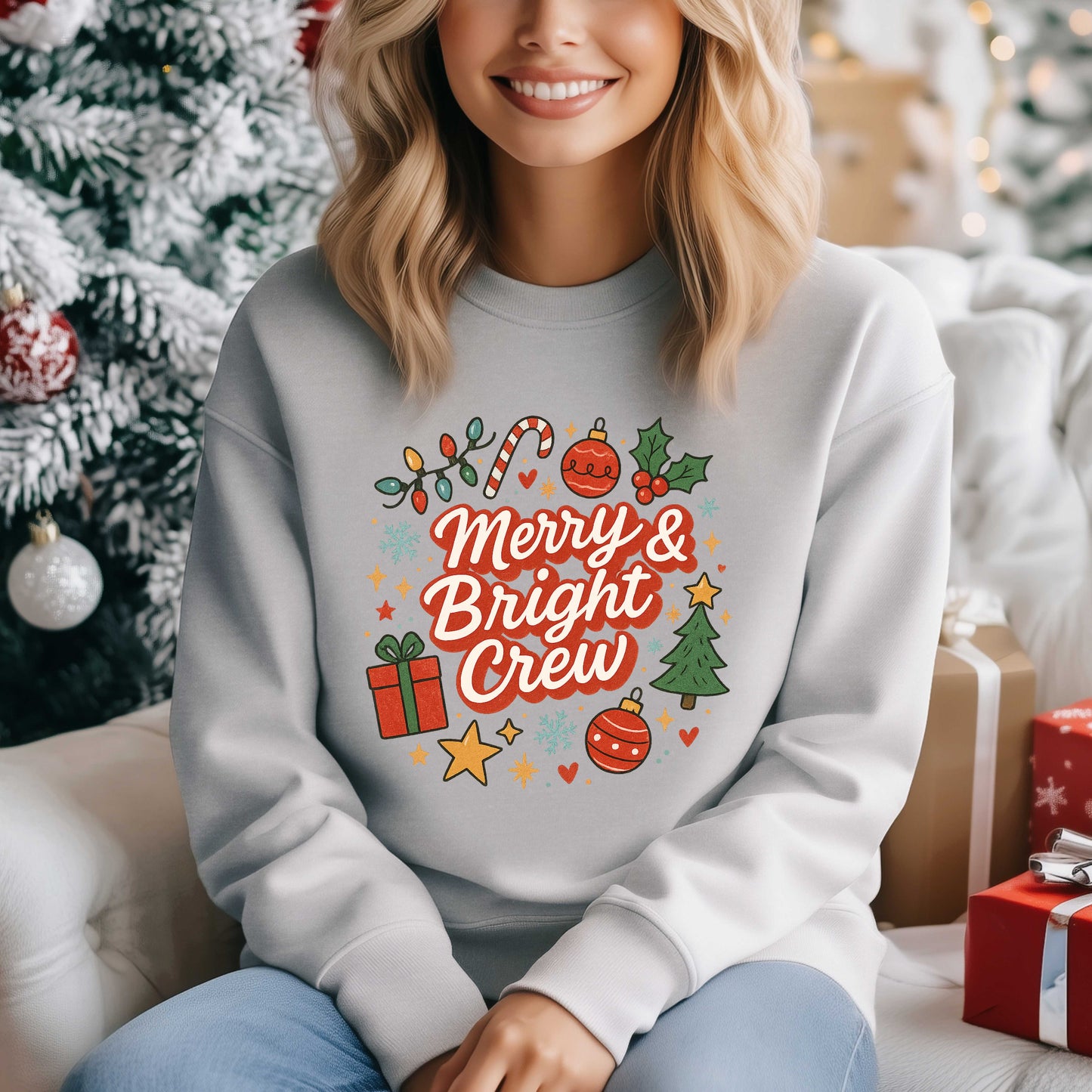 Merry & Bright Crew Sweatshirt | Christmas Crewneck | Matching Holiday Shirt | Family Christmas Sweater | Retro Festive Graphic Tee