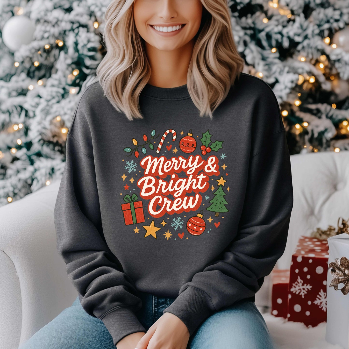 Merry & Bright Crew Sweatshirt | Christmas Crewneck | Matching Holiday Shirt | Family Christmas Sweater | Retro Festive Graphic Tee
