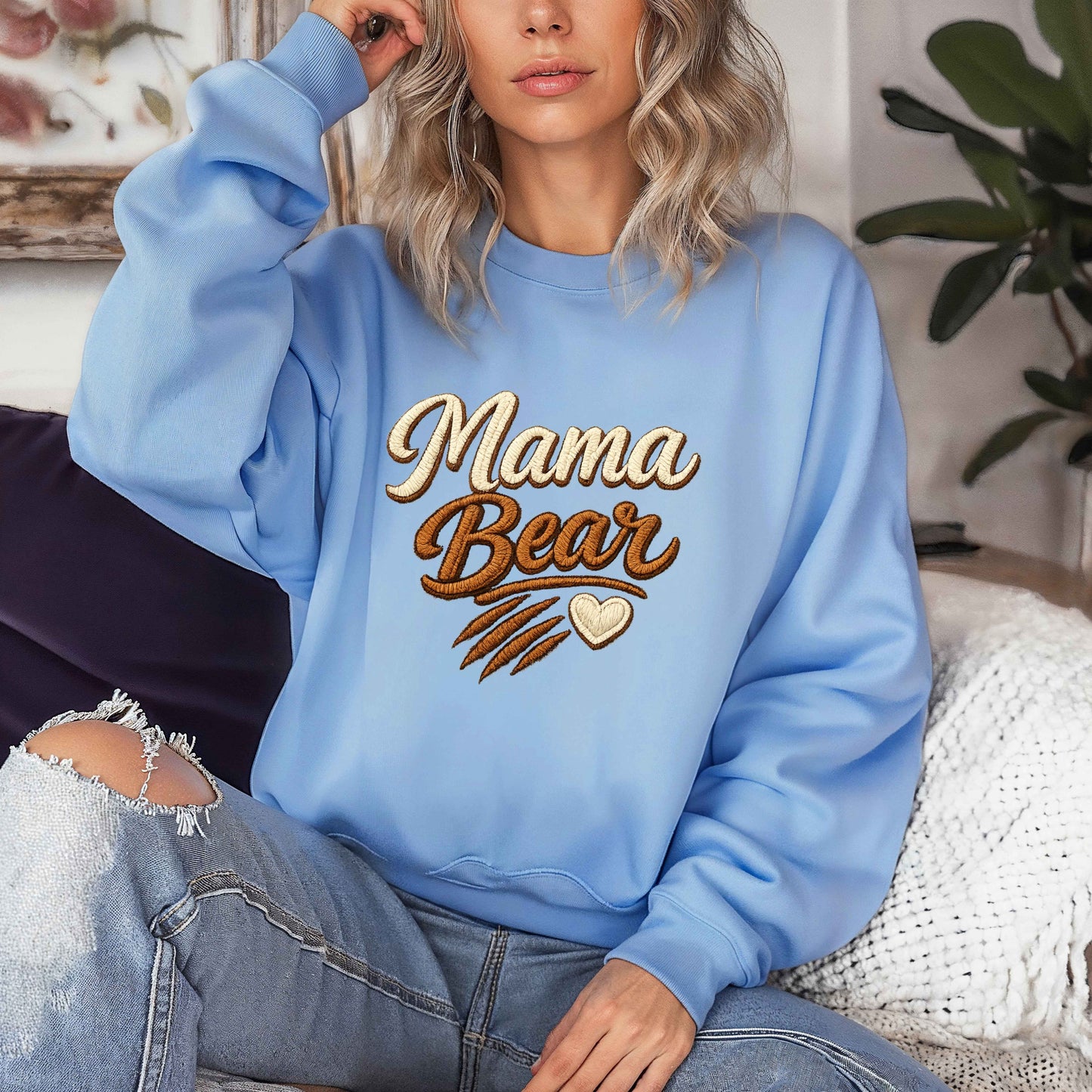 Mama Bear Faux Embroidered Sweatshirt | Mama Bear Crewneck | Cozy Mom Sweatshirt | Gildan 18000 | Embroidery Look Mama