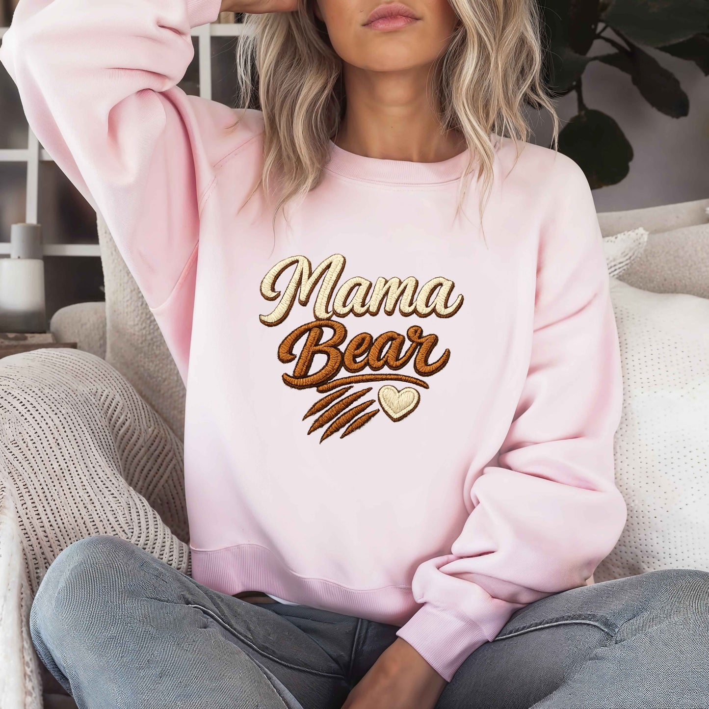 Mama Bear Faux Embroidered Sweatshirt | Mama Bear Crewneck | Cozy Mom Sweatshirt | Gildan 18000 | Embroidery Look Mama