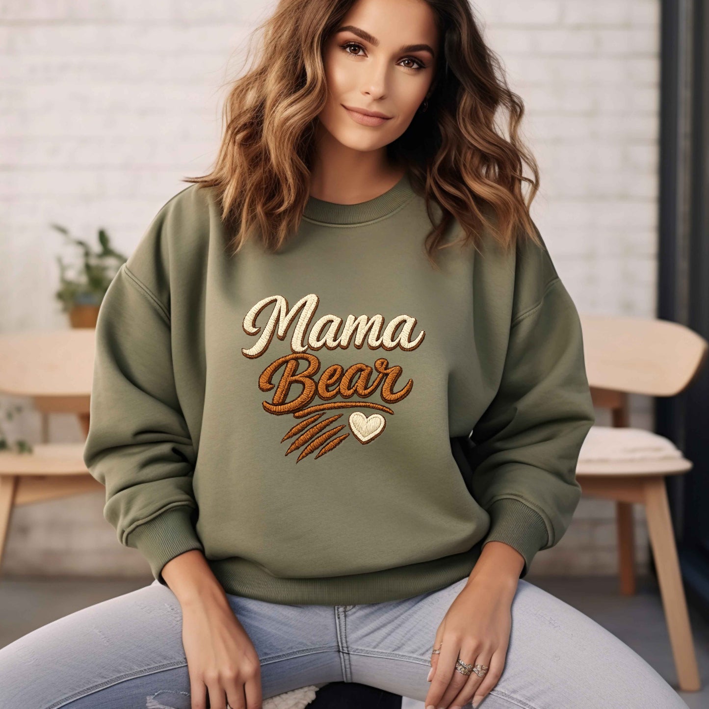 Mama Bear Faux Embroidered Sweatshirt | Mama Bear Crewneck | Cozy Mom Sweatshirt | Gildan 18000 | Embroidery Look Mama