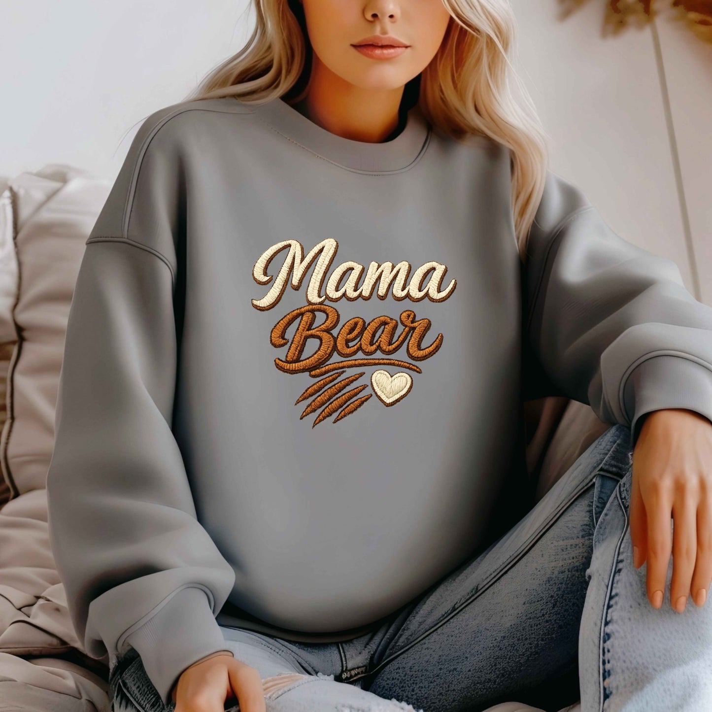 Mama Bear Faux Embroidered Sweatshirt | Mama Bear Crewneck | Cozy Mom Sweatshirt | Gildan 18000 | Embroidery Look Mama