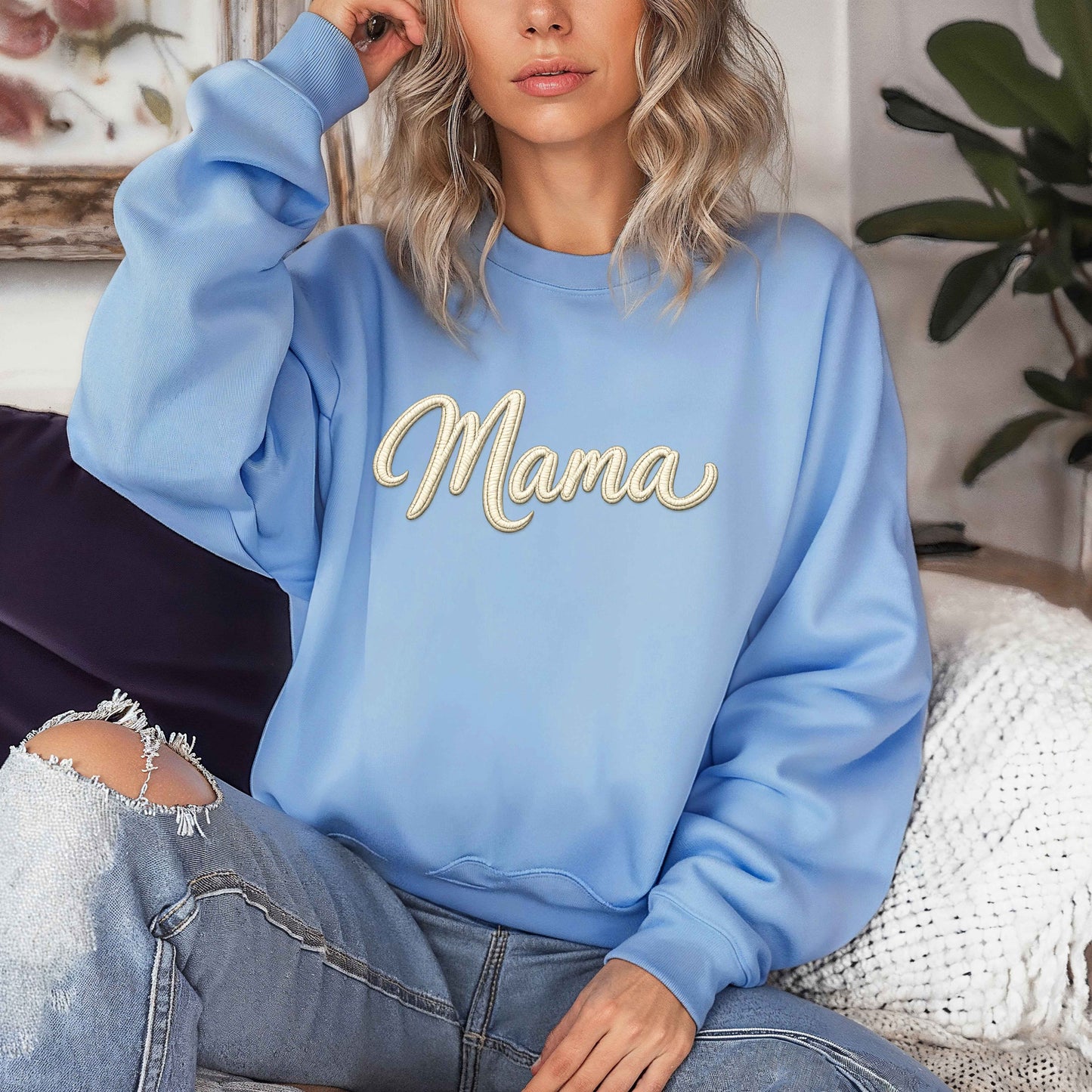 Mama Faux Embroidered Sweatshirt | Mama Script Crewneck | Cozy Mom Sweatshirt | Gildan 18000 | Embroidery Look Mama