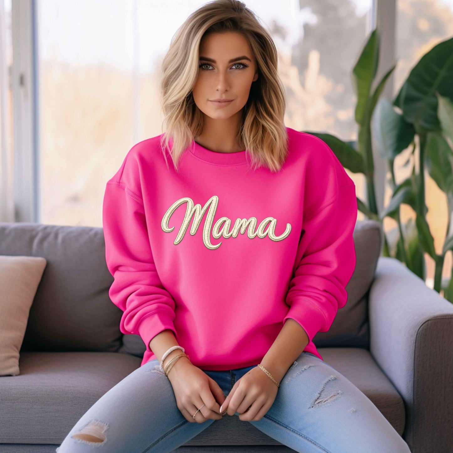 Mama Faux Embroidered Sweatshirt | Mama Script Crewneck | Cozy Mom Sweatshirt | Gildan 18000 | Embroidery Look Mama