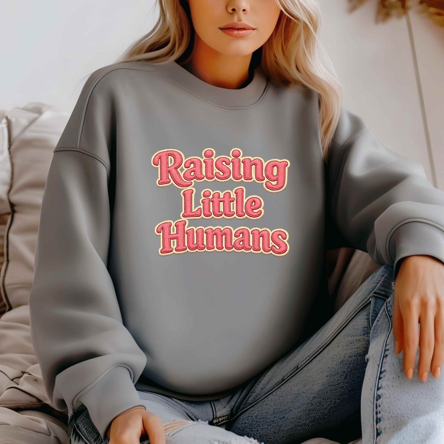 Raising Little Humans Sweatshirt | Faux Embroidered Mom Crewneck | Cozy Parent Sweatshirt | Gildan 18000 | Embroidery Look