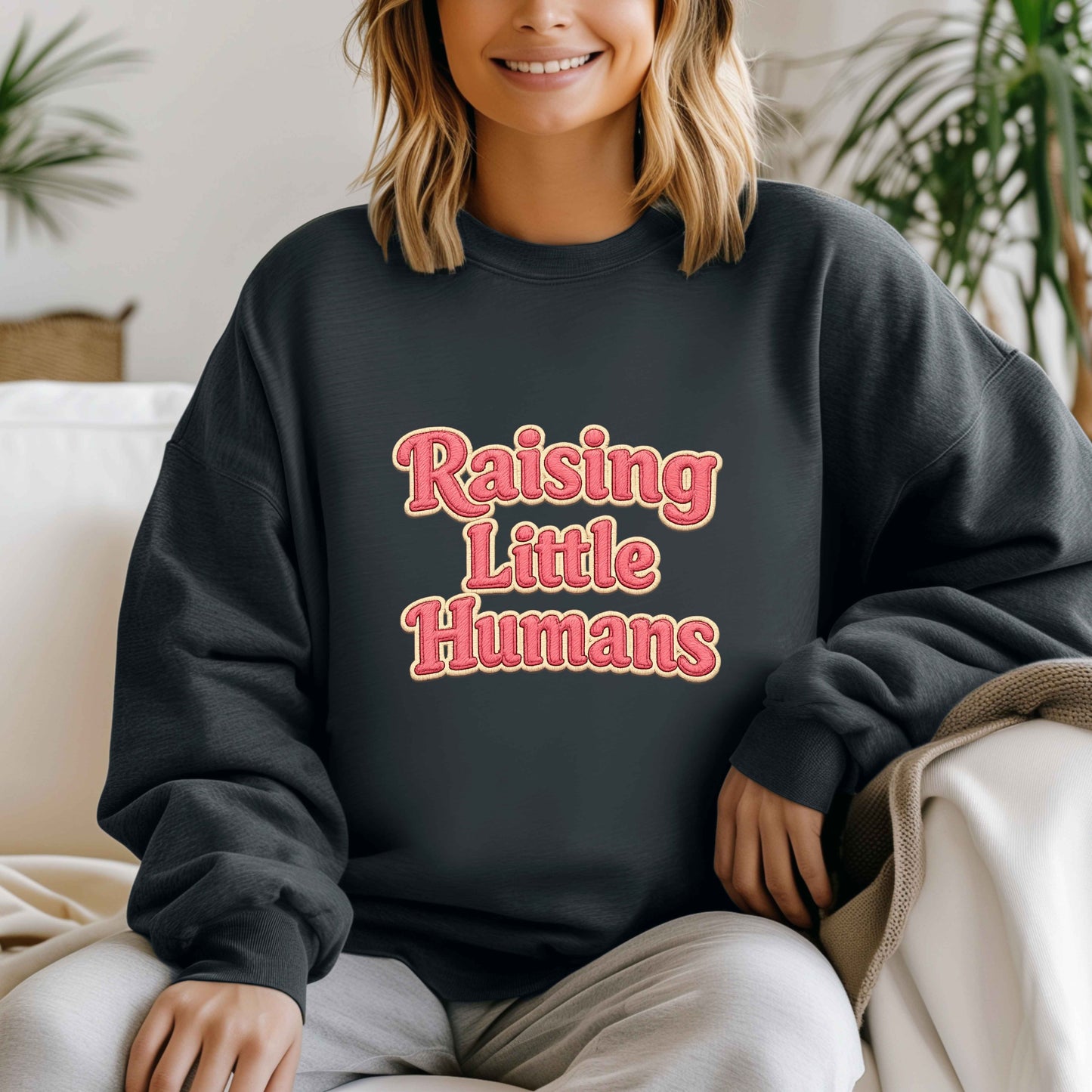 Raising Little Humans Sweatshirt | Faux Embroidered Mom Crewneck | Cozy Parent Sweatshirt | Gildan 18000 | Embroidery Look