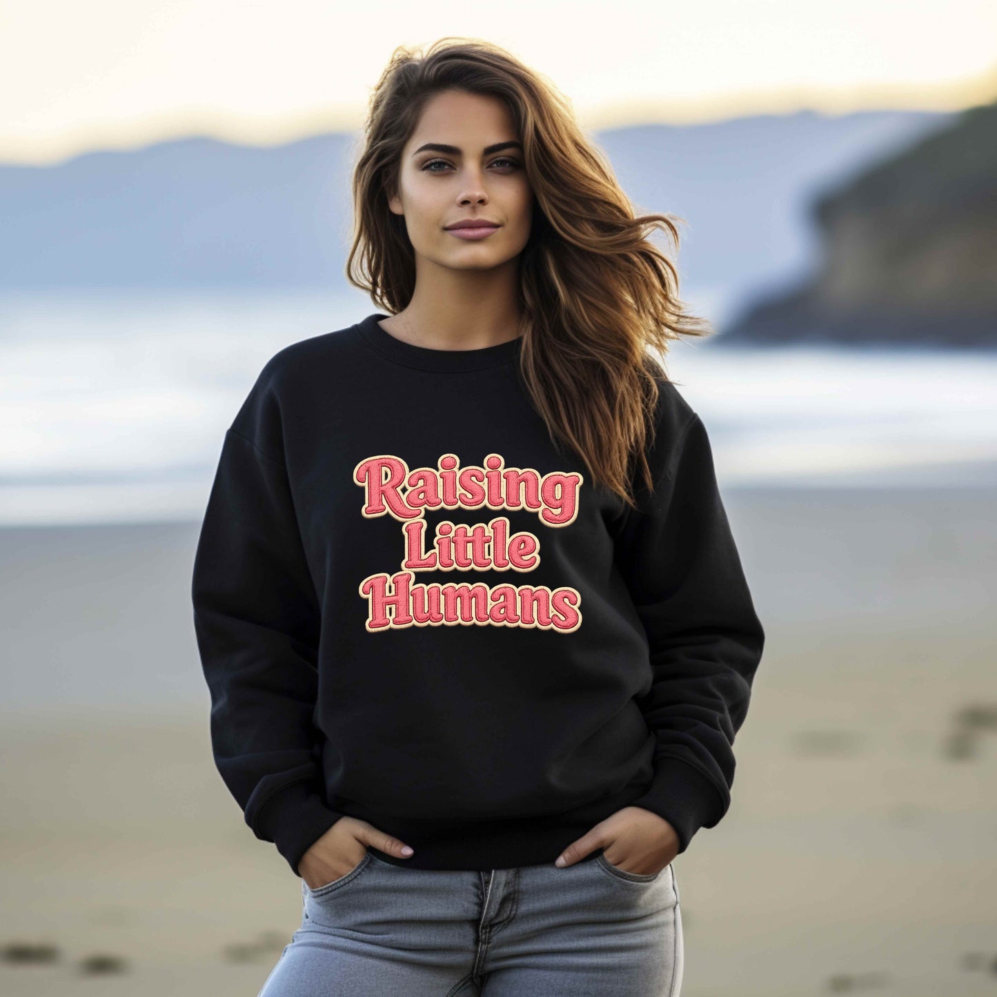 Raising Little Humans Sweatshirt | Faux Embroidered Mom Crewneck | Cozy Parent Sweatshirt | Gildan 18000 | Embroidery Look