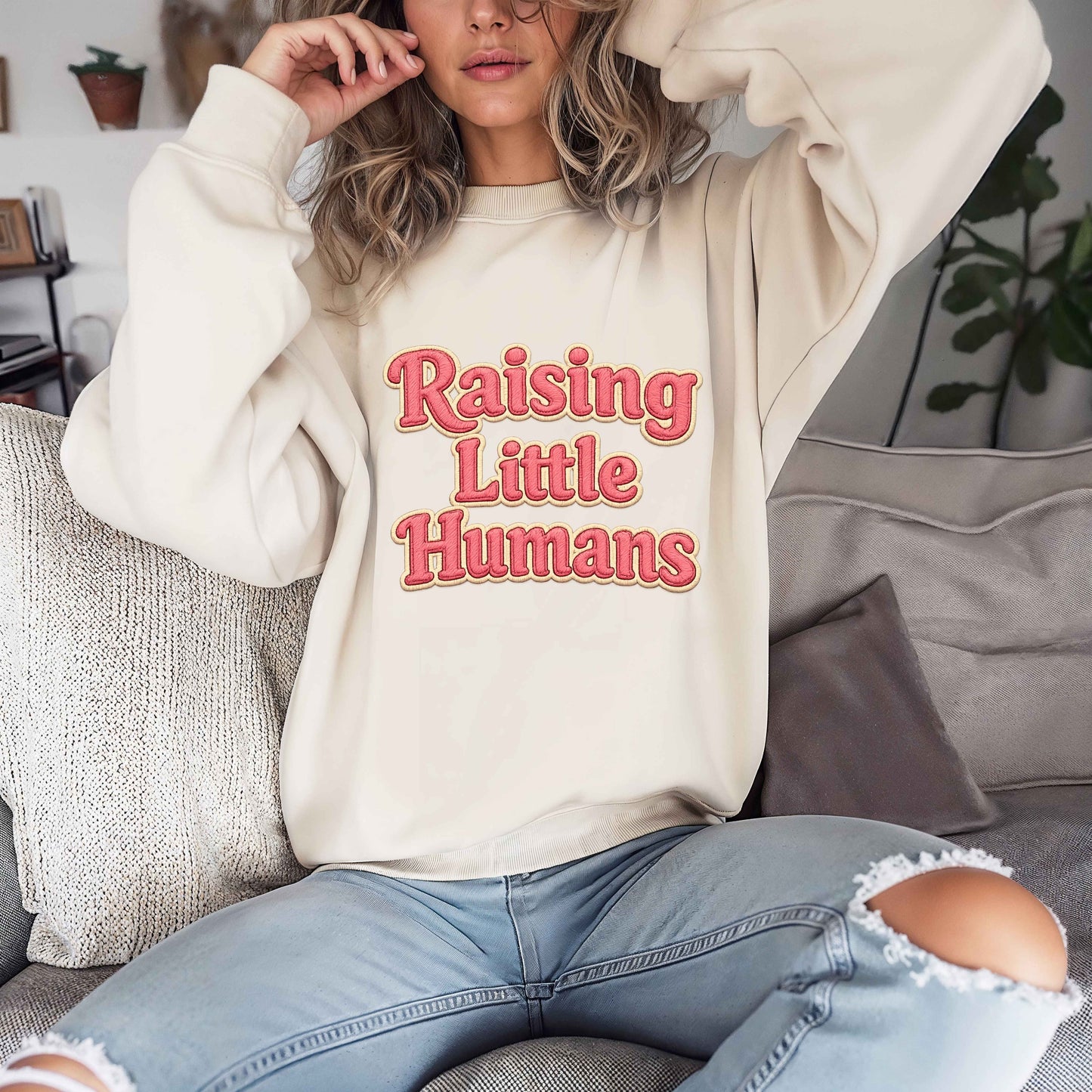 Raising Little Humans Sweatshirt | Faux Embroidered Mom Crewneck | Cozy Parent Sweatshirt | Gildan 18000 | Embroidery Look