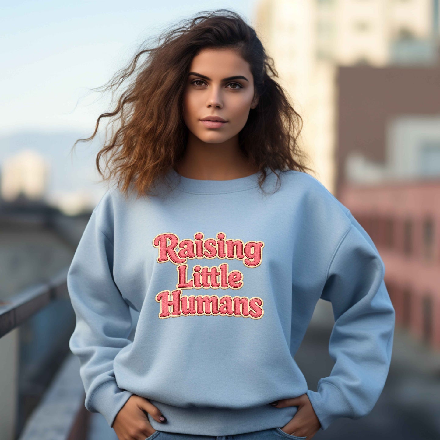 Raising Little Humans Sweatshirt | Faux Embroidered Mom Crewneck | Cozy Parent Sweatshirt | Gildan 18000 | Embroidery Look