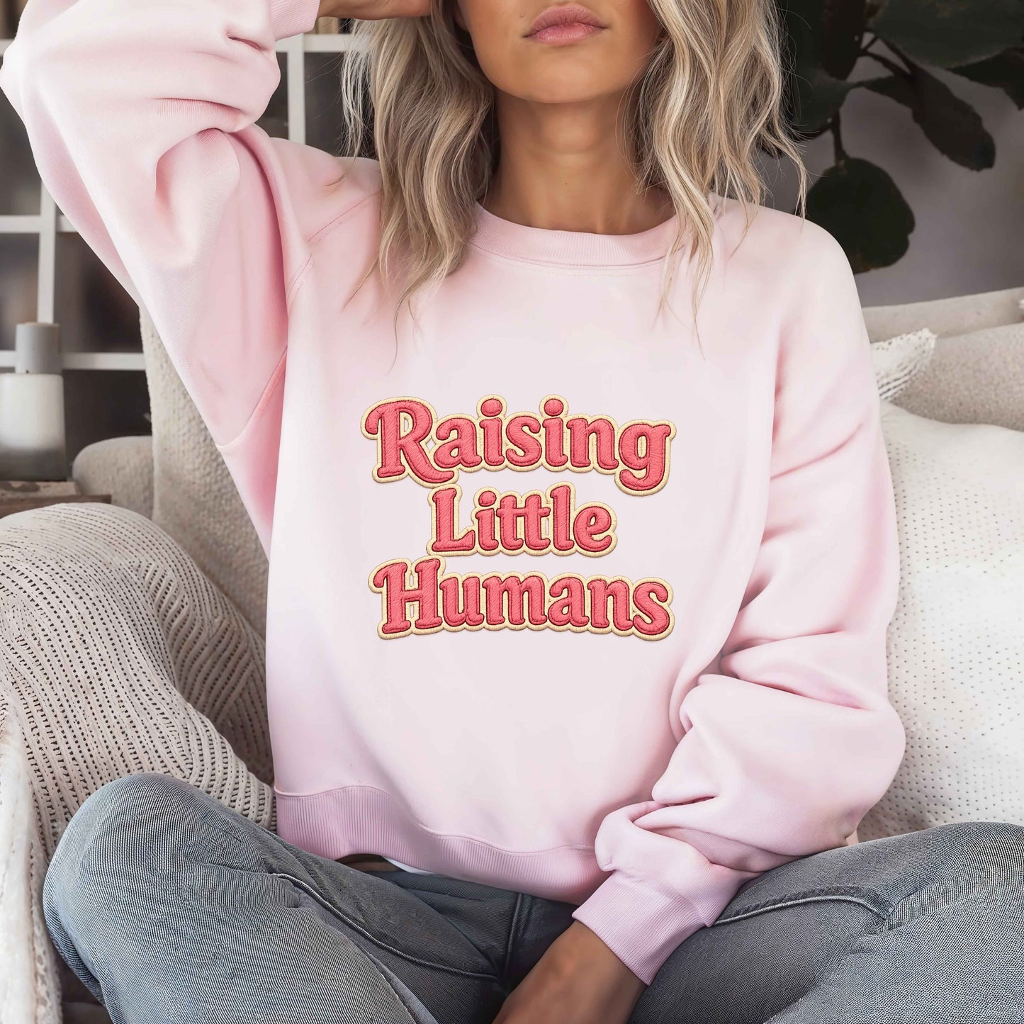 Raising Little Humans Sweatshirt | Faux Embroidered Mom Crewneck | Cozy Parent Sweatshirt | Gildan 18000 | Embroidery Look
