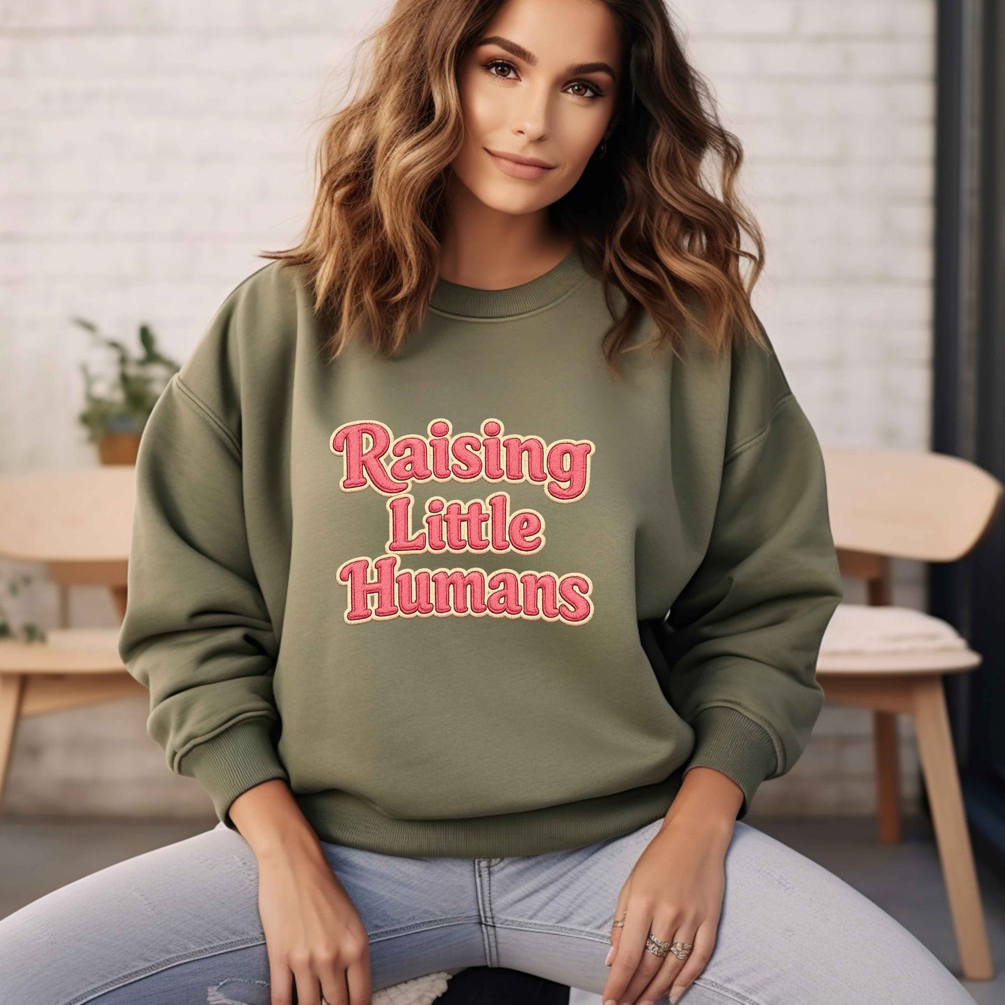 Raising Little Humans Sweatshirt | Faux Embroidered Mom Crewneck | Cozy Parent Sweatshirt | Gildan 18000 | Embroidery Look