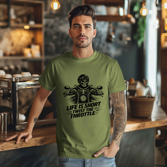 Life Is Short Twist the Throttle Shirt | Biker Skull Motorcycle T-Shirt | Mens Rider Tee | Bella Canvas 3001 | Gift for Bikers