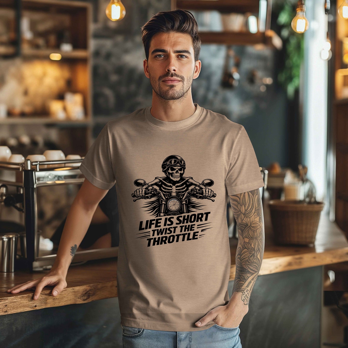 Life Is Short Twist the Throttle Shirt | Biker Skull Motorcycle T-Shirt | Mens Rider Tee | Bella Canvas 3001 | Gift for Bikers