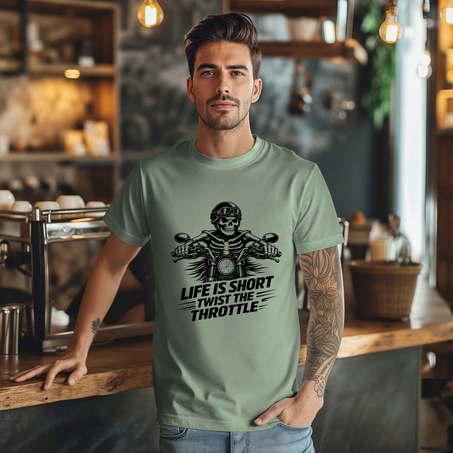 Life Is Short Twist the Throttle Shirt | Biker Skull Motorcycle T-Shirt | Mens Rider Tee | Bella Canvas 3001 | Gift for Bikers