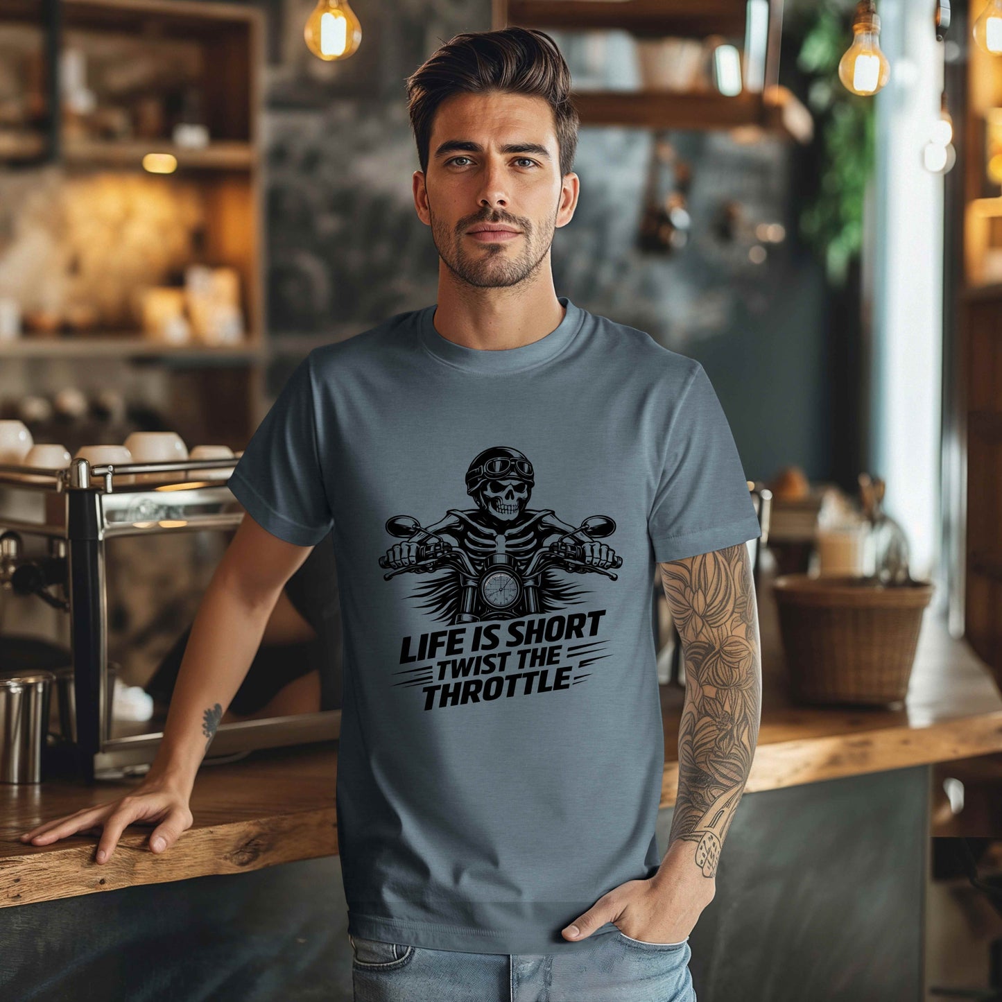 Life Is Short Twist the Throttle Shirt | Biker Skull Motorcycle T-Shirt | Mens Rider Tee | Bella Canvas 3001 | Gift for Bikers