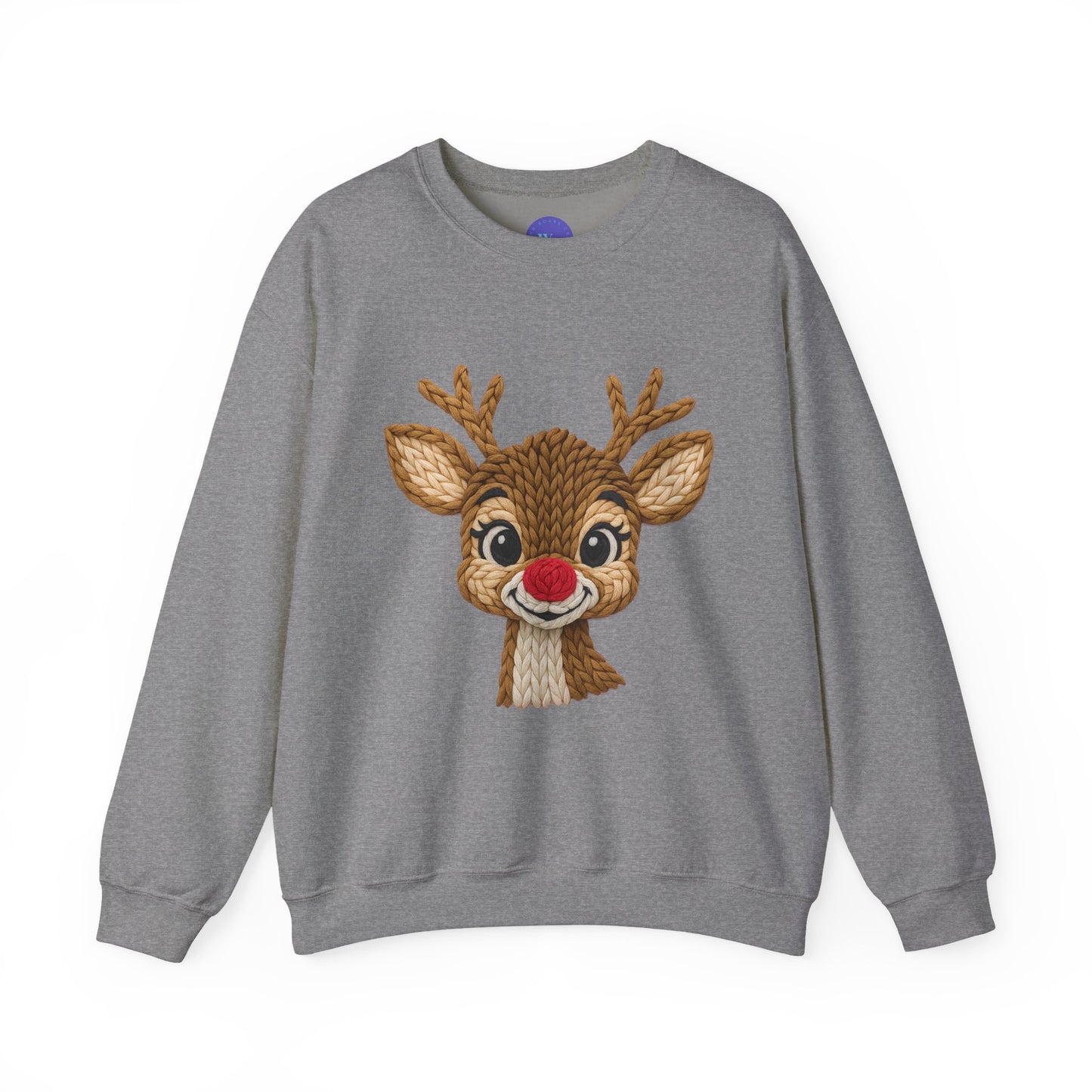 Reindeer Crewneck Sweatshirt, Faux Crochet Design for Christmas Fun, Holiday Parties, Unisex Pullover Jumper, Winter Sweater, Festive Top