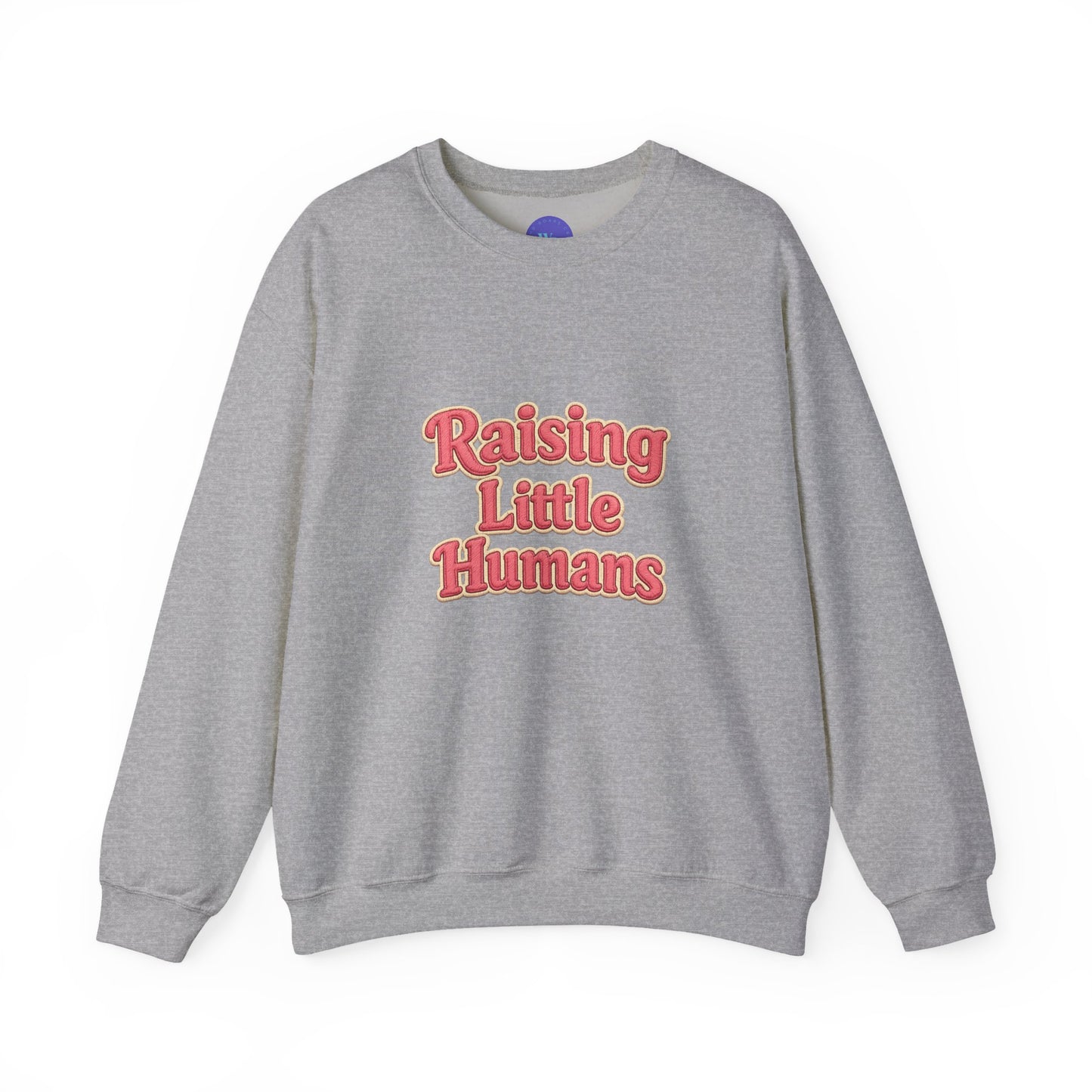 Raising Little Humans Sweatshirt | Faux Embroidered Mom Crewneck | Cozy Parent Sweatshirt | Gildan 18000 | Embroidery Look