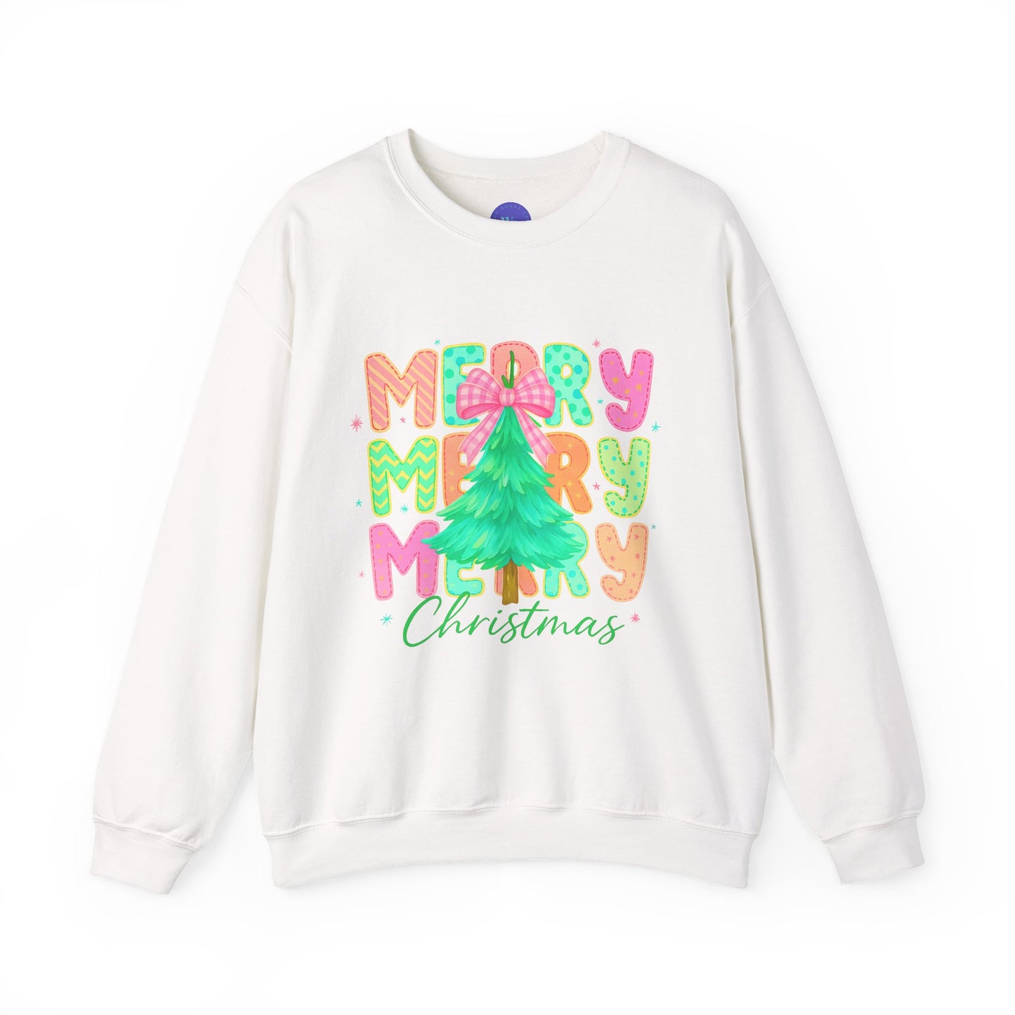 Colorful Merry Merry Merry Christmas Sweatshirt | Candy Bright Holiday Crewneck | Pink Bow Tree Shirt | Fun Festive Christmas Gift