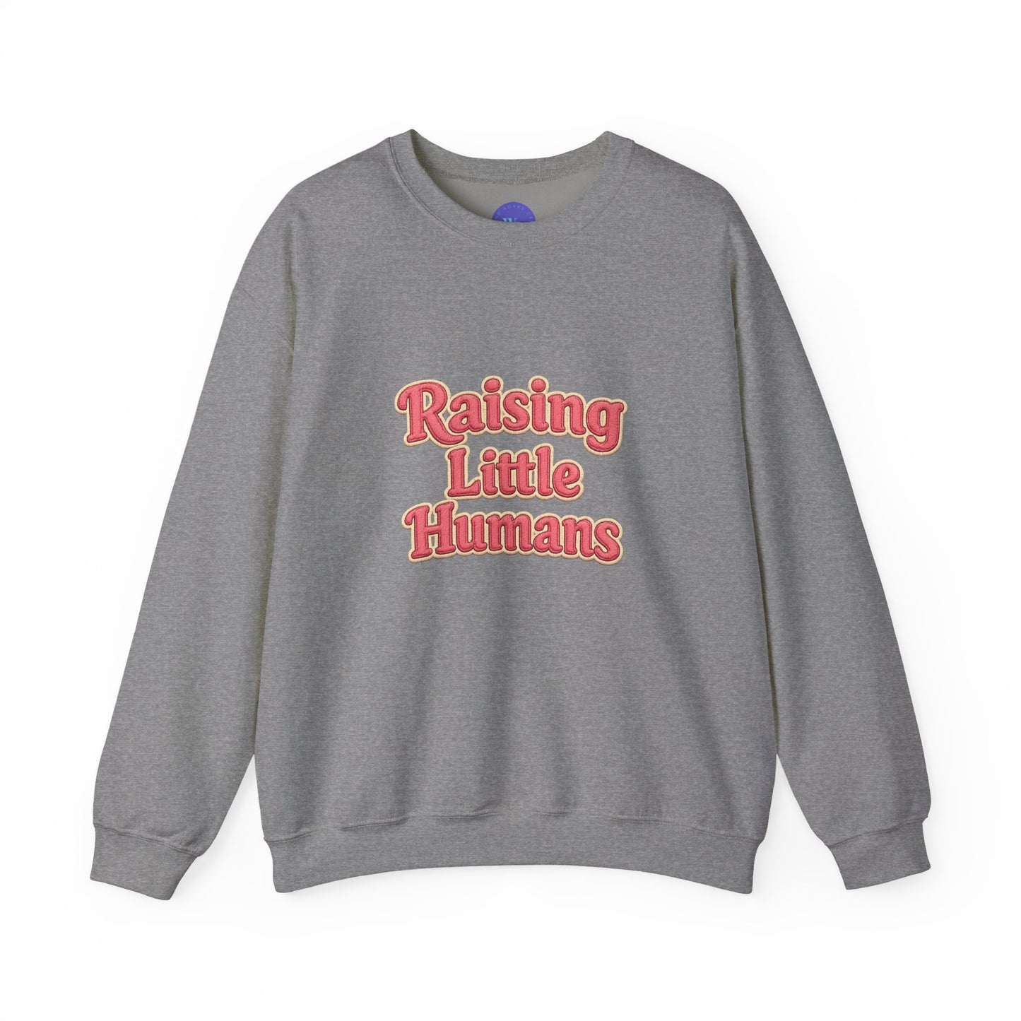 Raising Little Humans Sweatshirt | Faux Embroidered Mom Crewneck | Cozy Parent Sweatshirt | Gildan 18000 | Embroidery Look