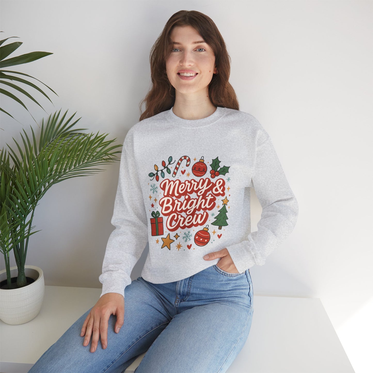 Merry & Bright Crew Sweatshirt | Christmas Crewneck | Matching Holiday Shirt | Family Christmas Sweater | Retro Festive Graphic Tee