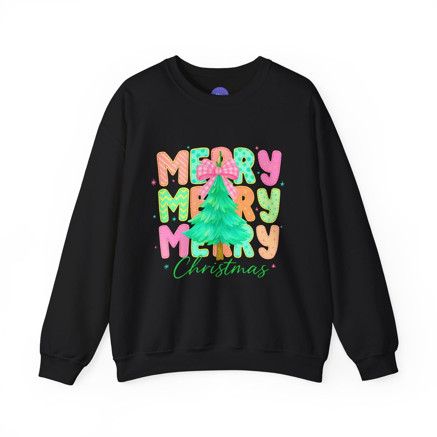Colorful Merry Merry Merry Christmas Sweatshirt | Candy Bright Holiday Crewneck | Pink Bow Tree Shirt | Fun Festive Christmas Gift